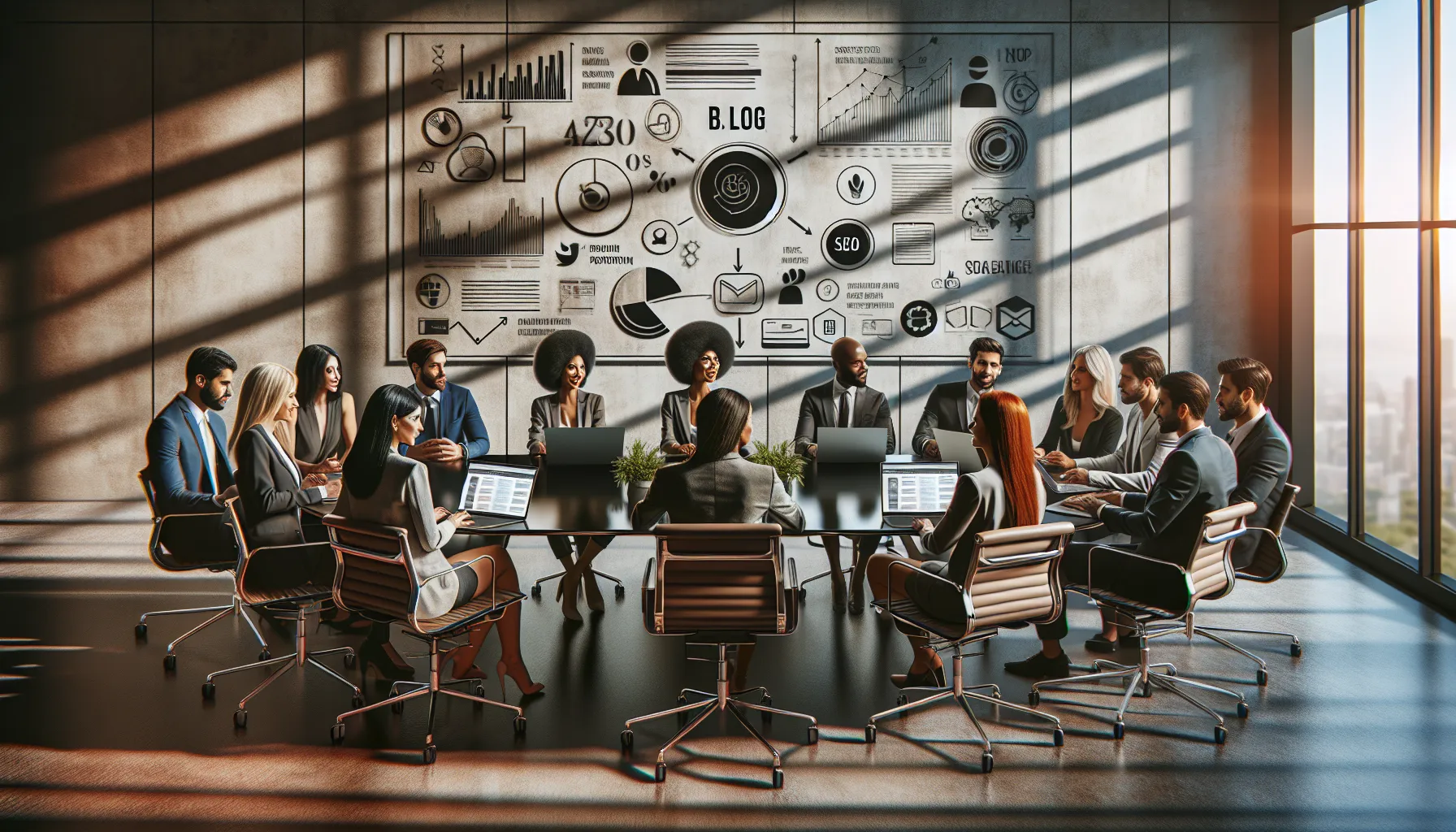 team discussing blog promotion strategies in a modern office.