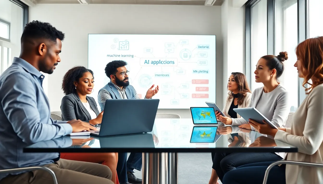 diverse professionals discussing artificial intelligence in a modern office.