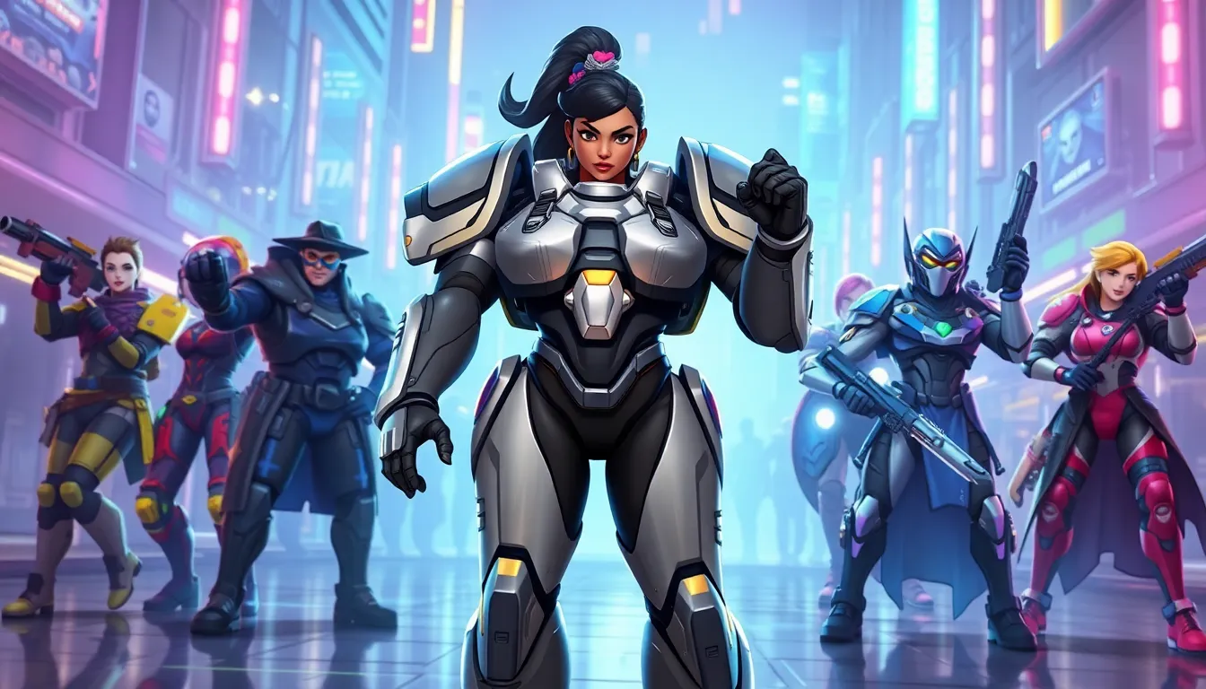 Orisa from Overwatch protecting teammates in a futuristic urban setting.