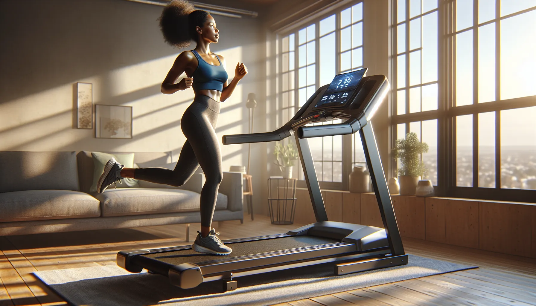 Woman jogging on a foldable treadmill in a sunlit apartment living room.