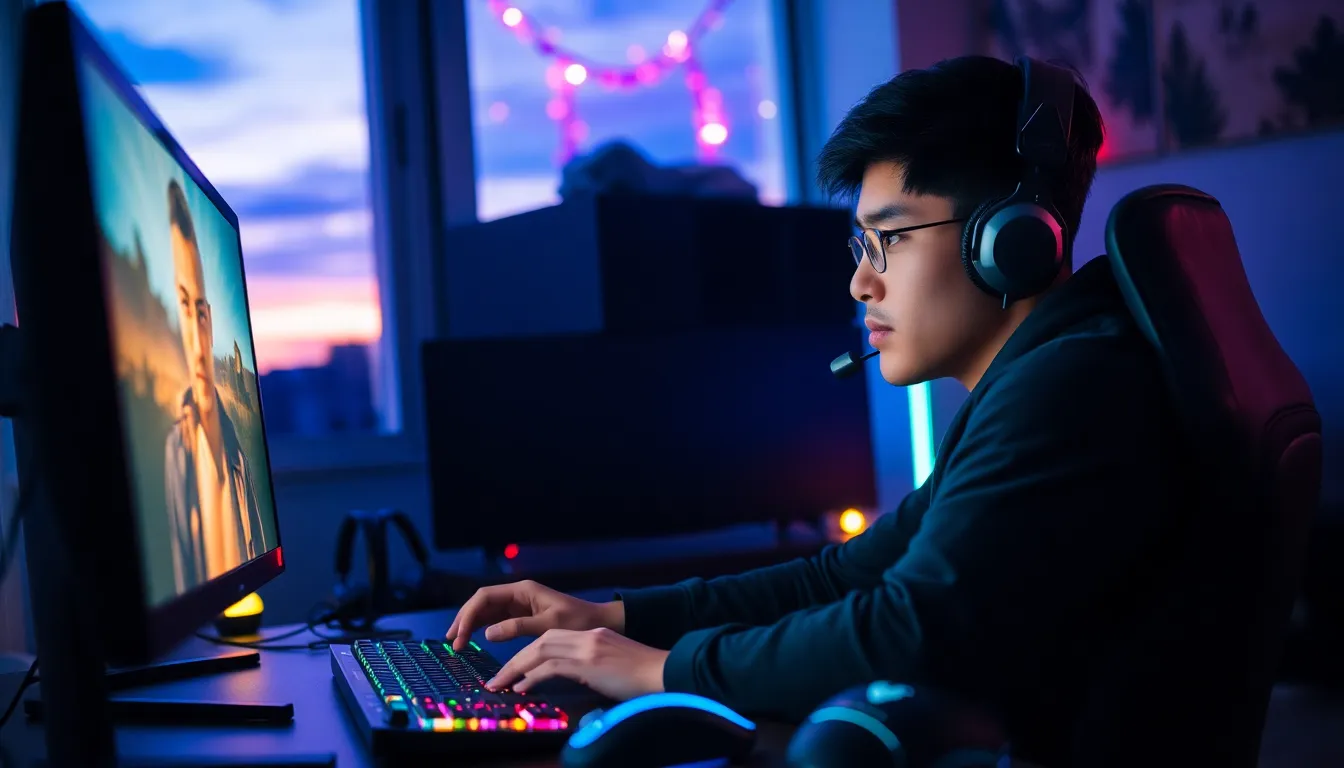 a focused gamer with a headset and RGB keyboard in a dimly lit room.