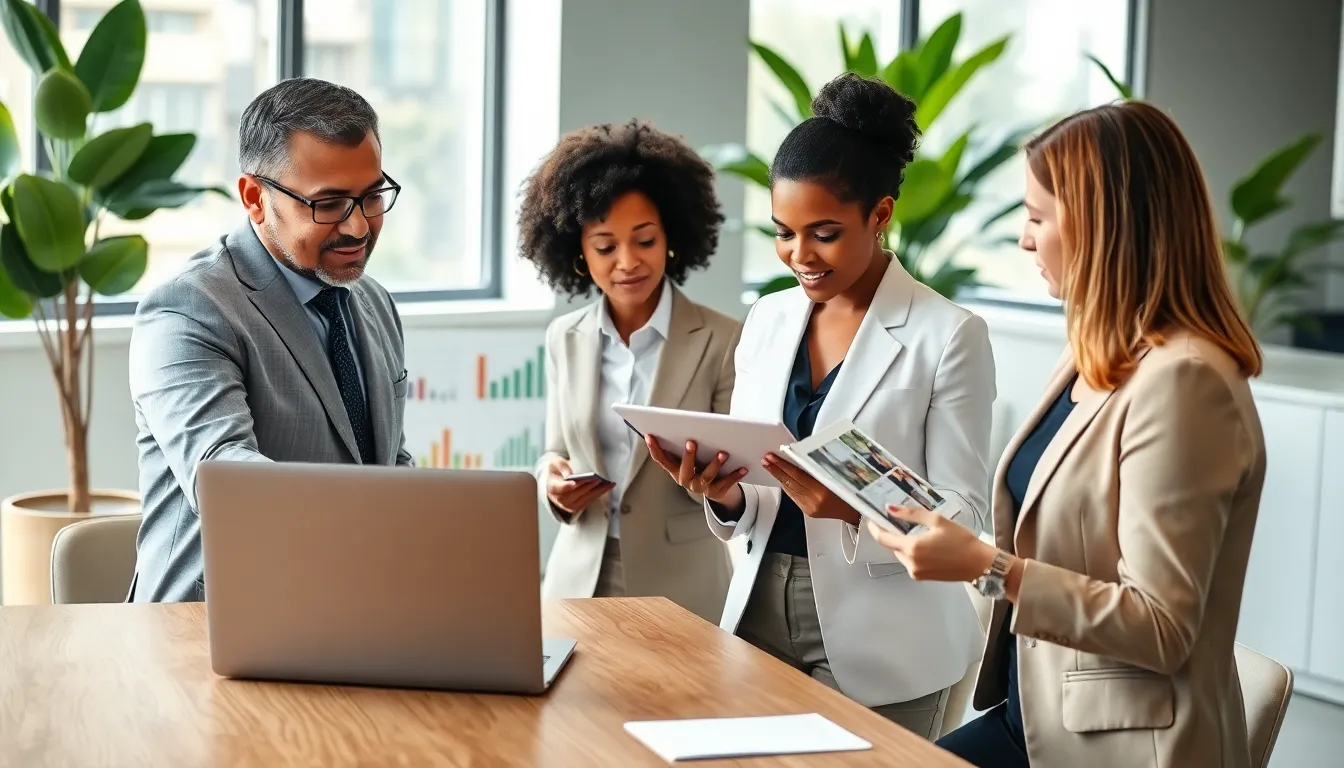 diverse home inspectors discussing trends in a modern office.