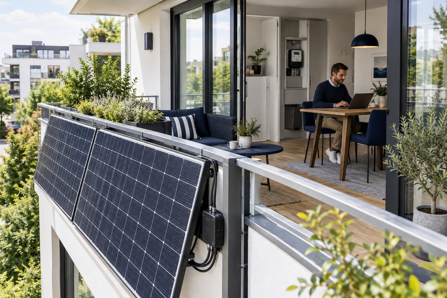 Solarmodule eines Balkonkraftwerks an einem modernen Mehrfamilienhaus