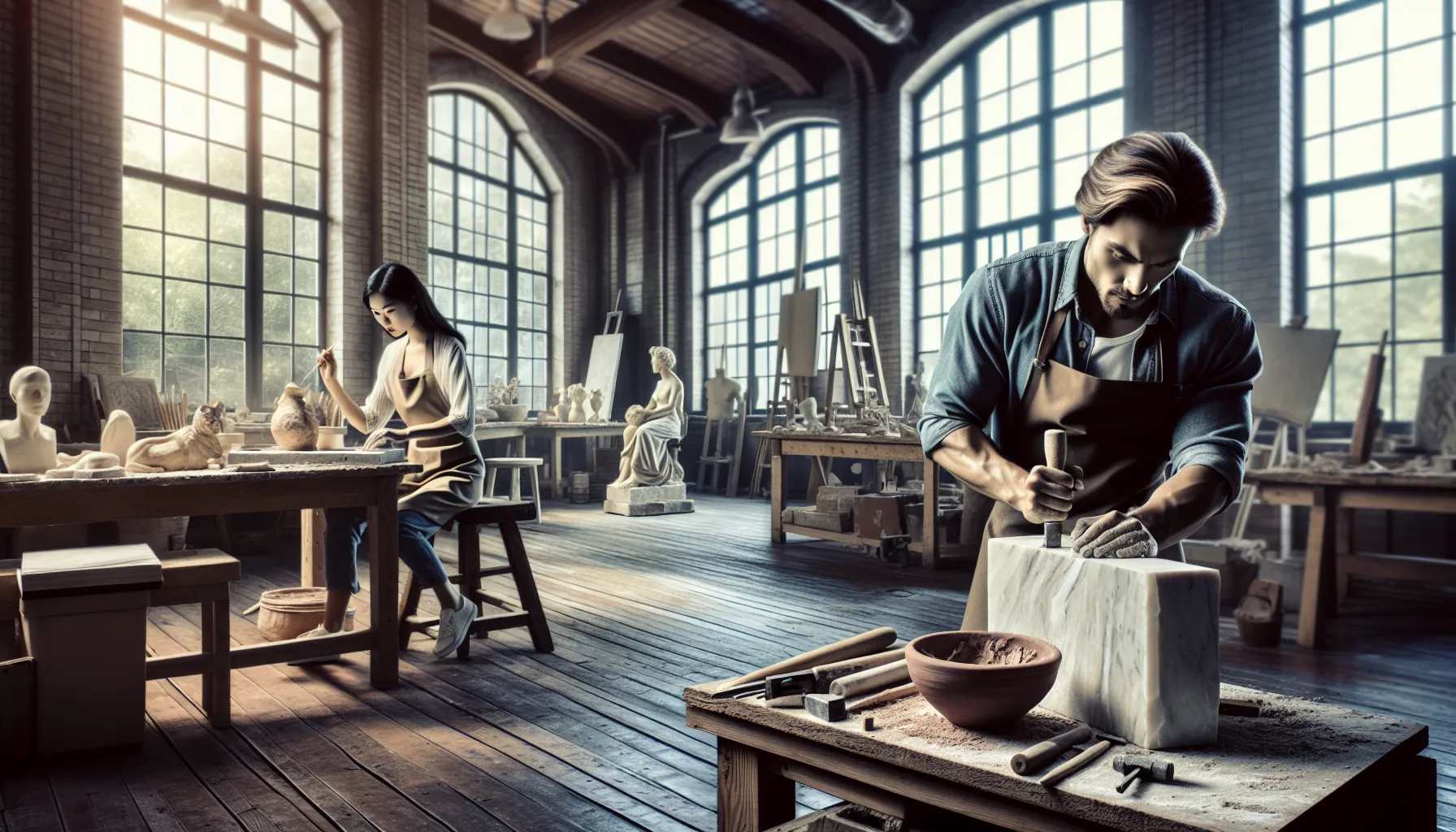 Artists working on sculpting and modeling in an art studio.