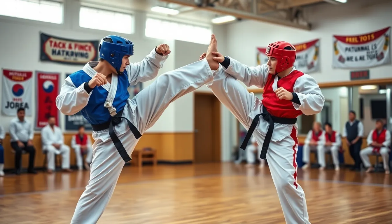 two taekwondo competitors sparring in a modern dojo.