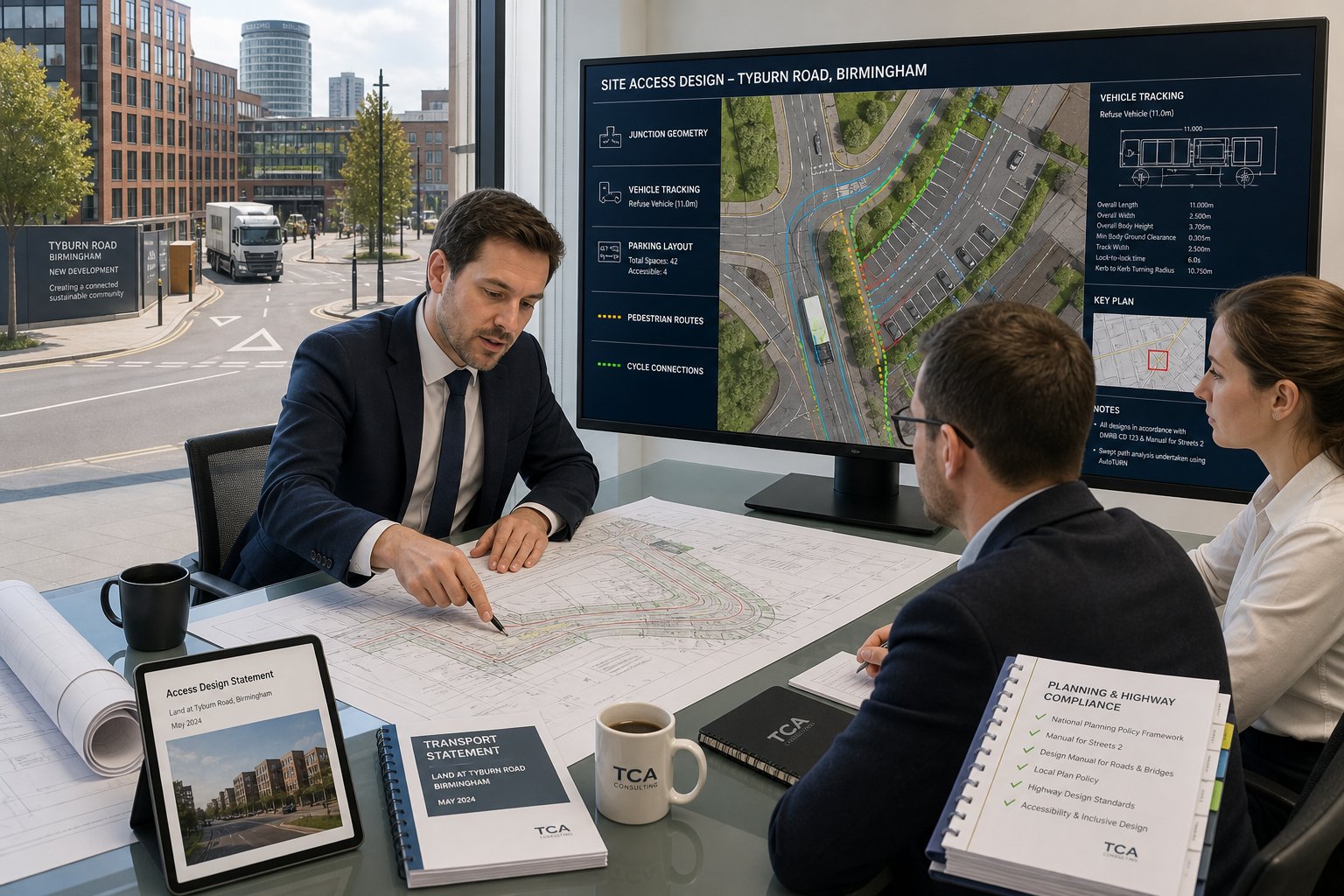 Highway design consultants reviewing access plans in a modern Birmingham office.