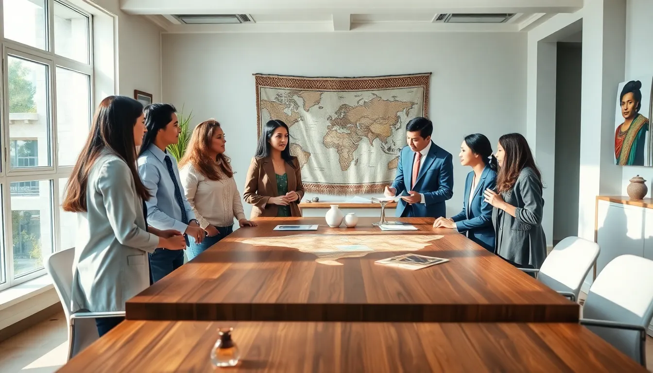professionals discussing Babaijdu's history in a modern office.