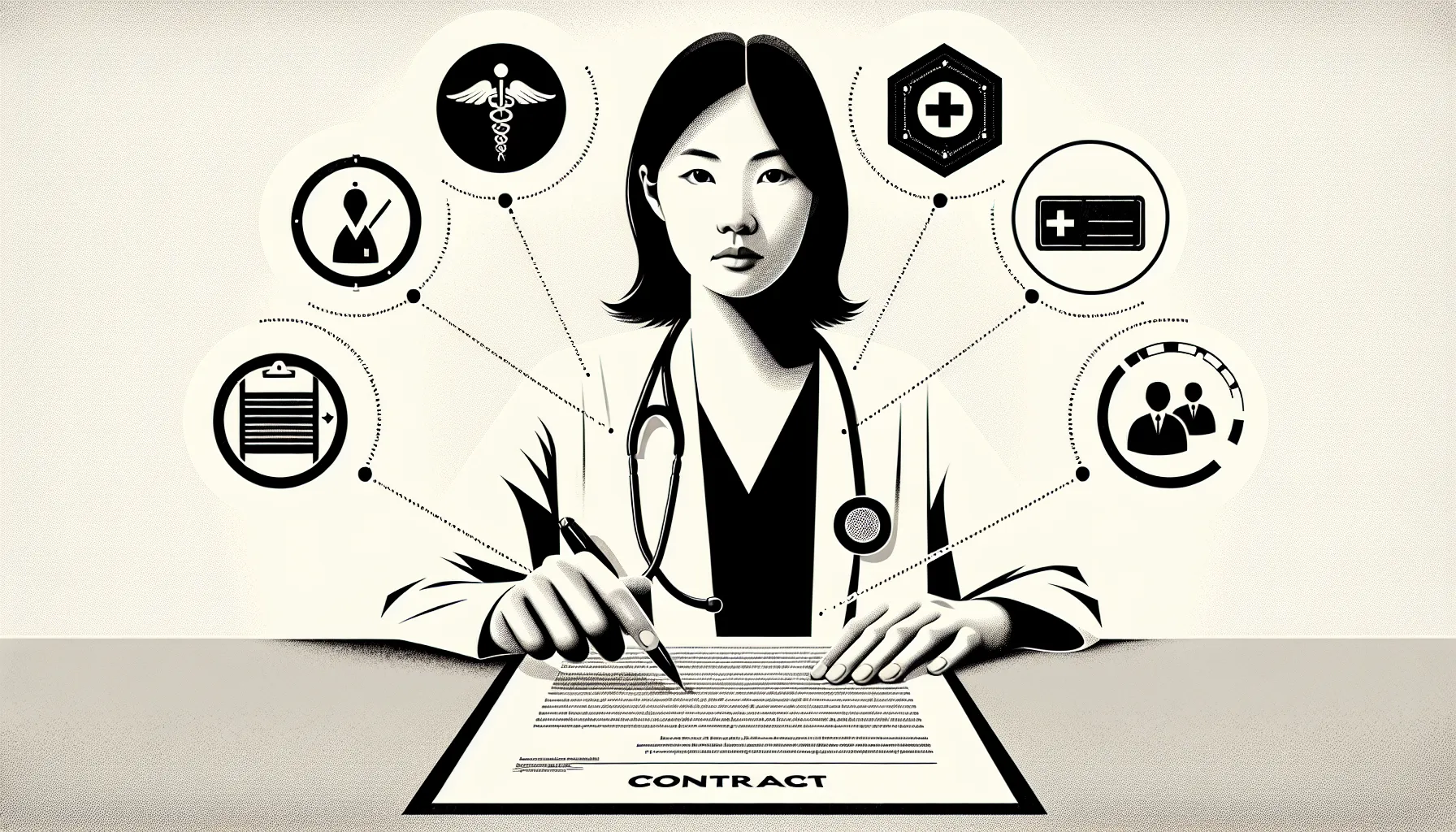 Physician reviewing a contract with icons for noncompete, scope, supervision, and metrics.