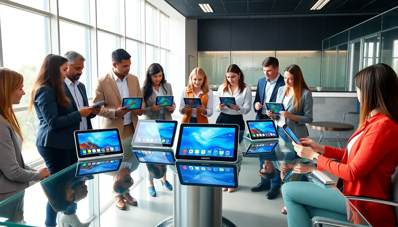 professionals discussing various Samsung tablets in a modern office.