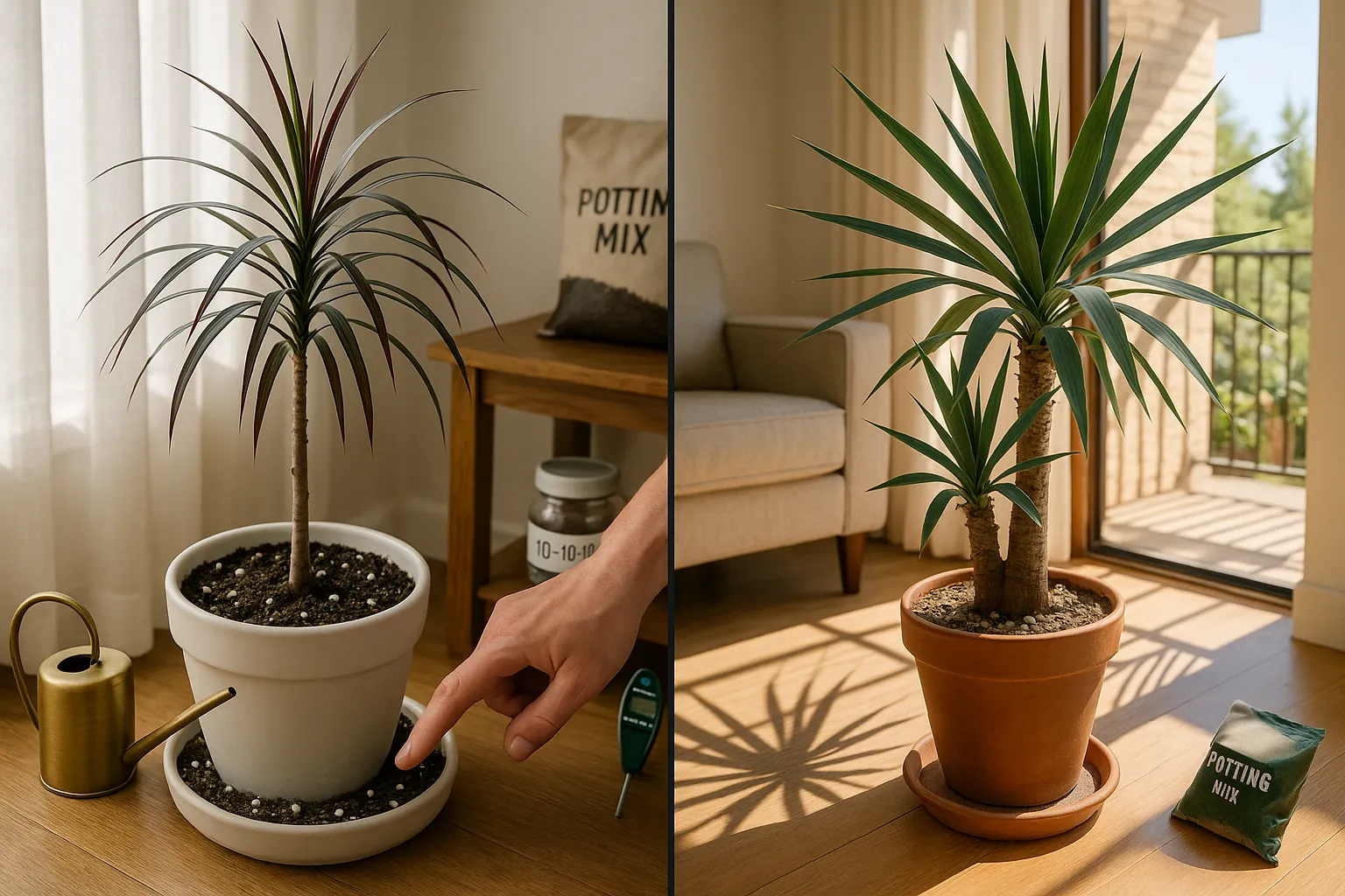 Dracaena tested for moisture near a sheer window, Yucca basking in bright sun