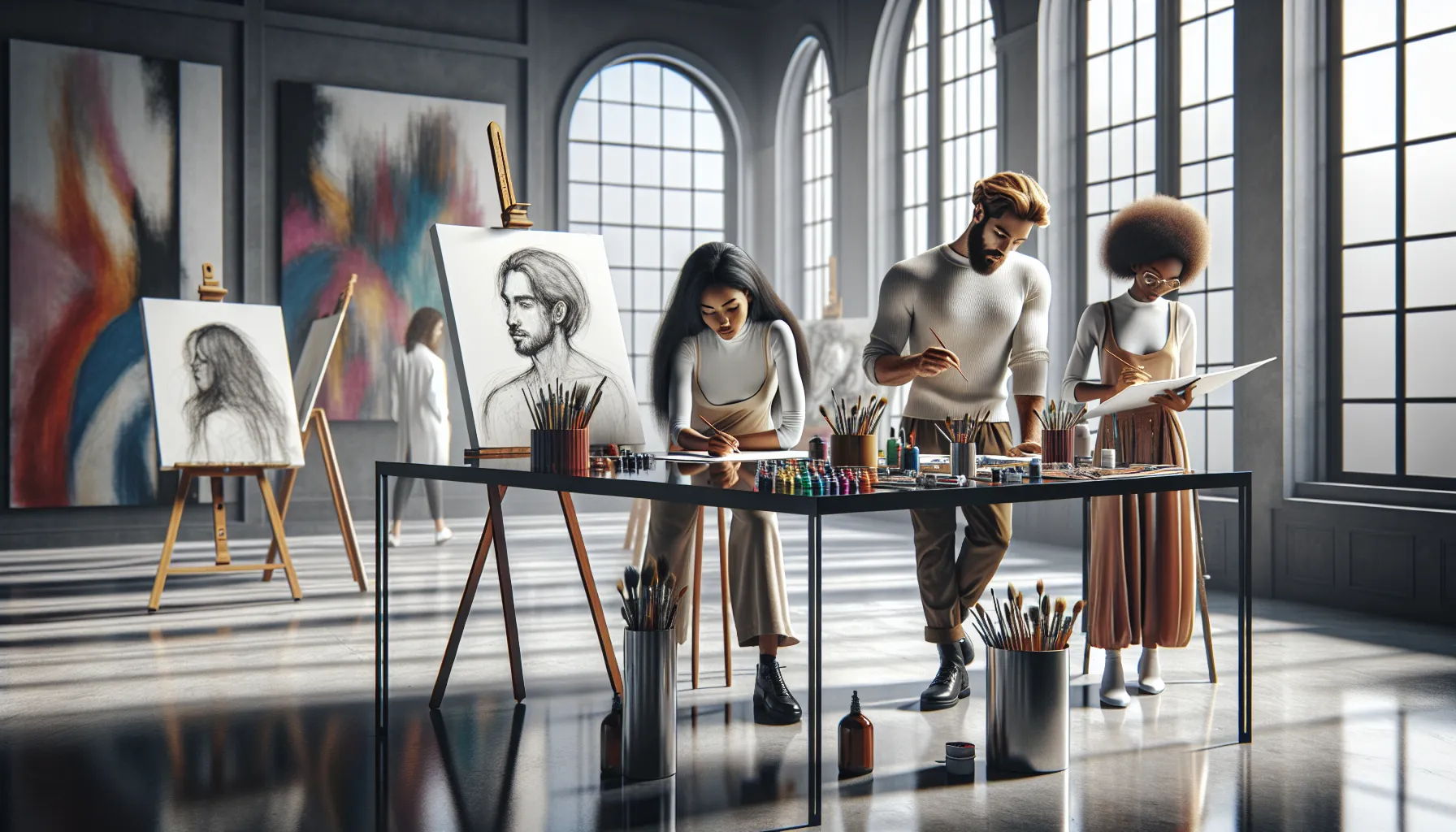 diverse group of artists collaborating in a modern studio.