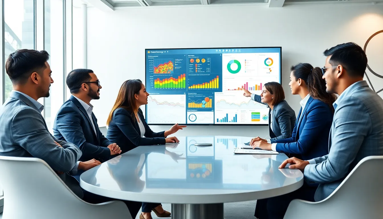 diverse team analyzing data visuals in a modern office.