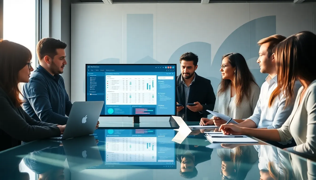 diverse team discussing data management in a modern office.