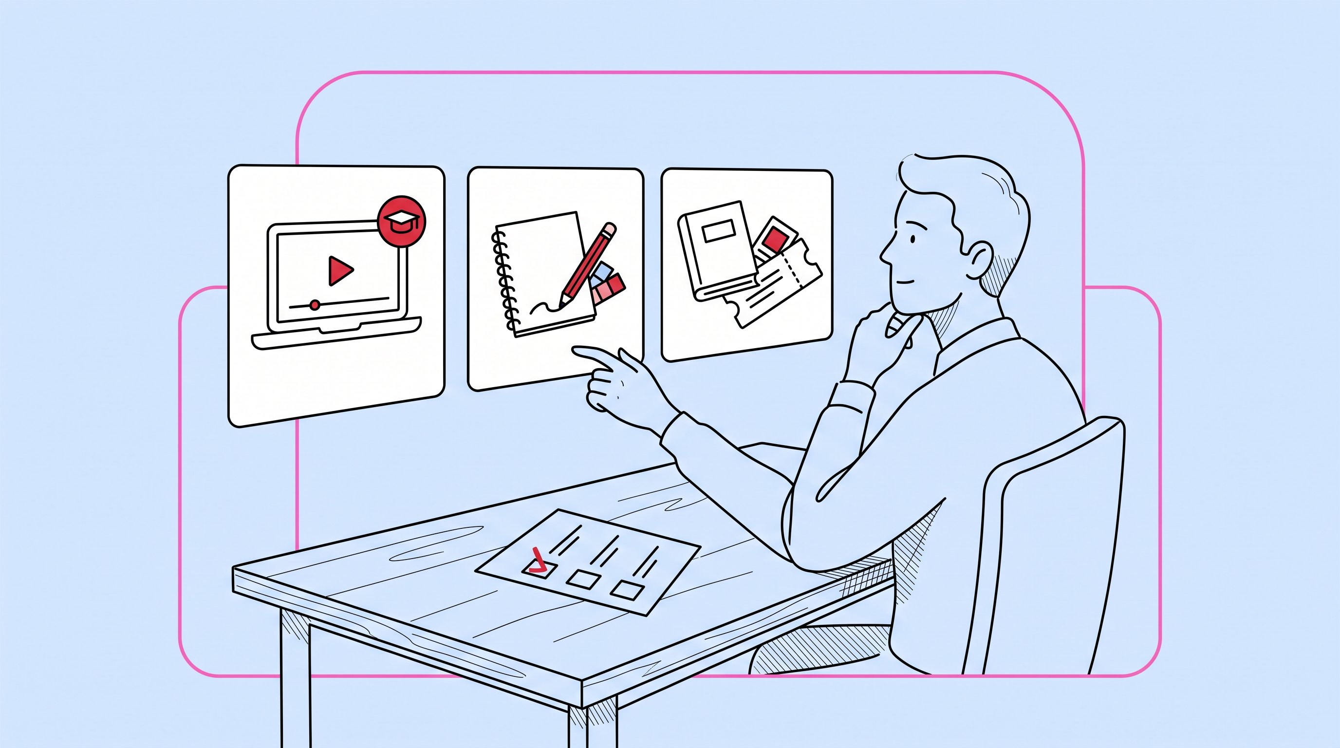 Employee chooses from online course, sketch kit, and book gift options.