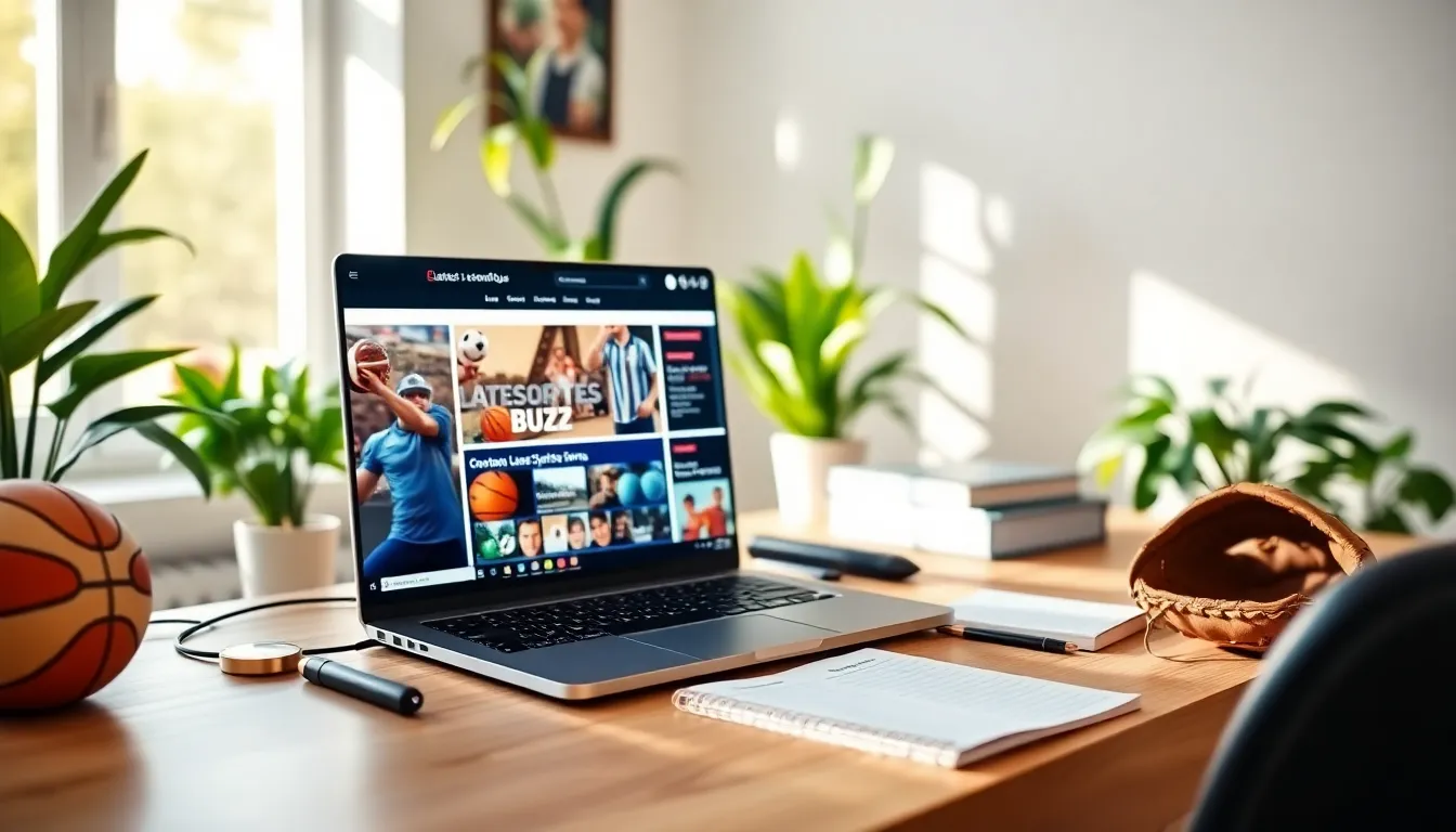 A laptop on a desk displaying LatestSportsBuzz website in a home office.