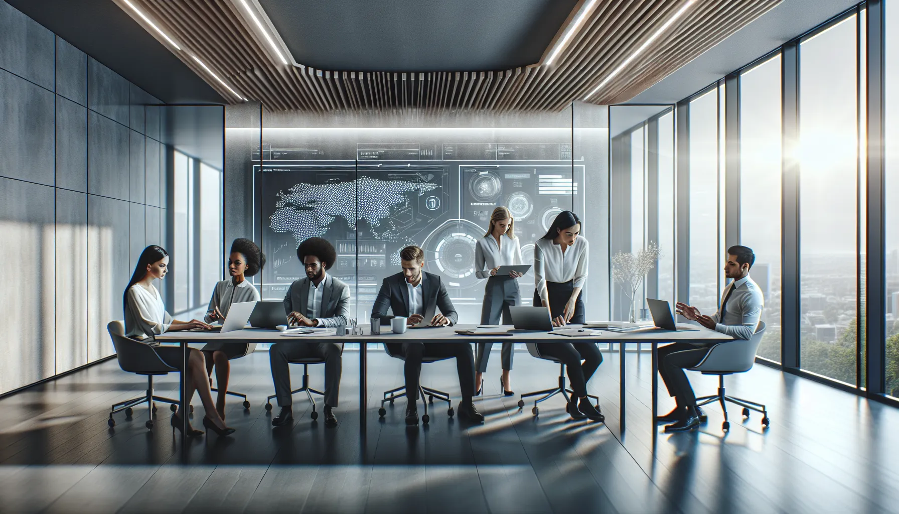 diverse team collaborating in a modern digital workspace.