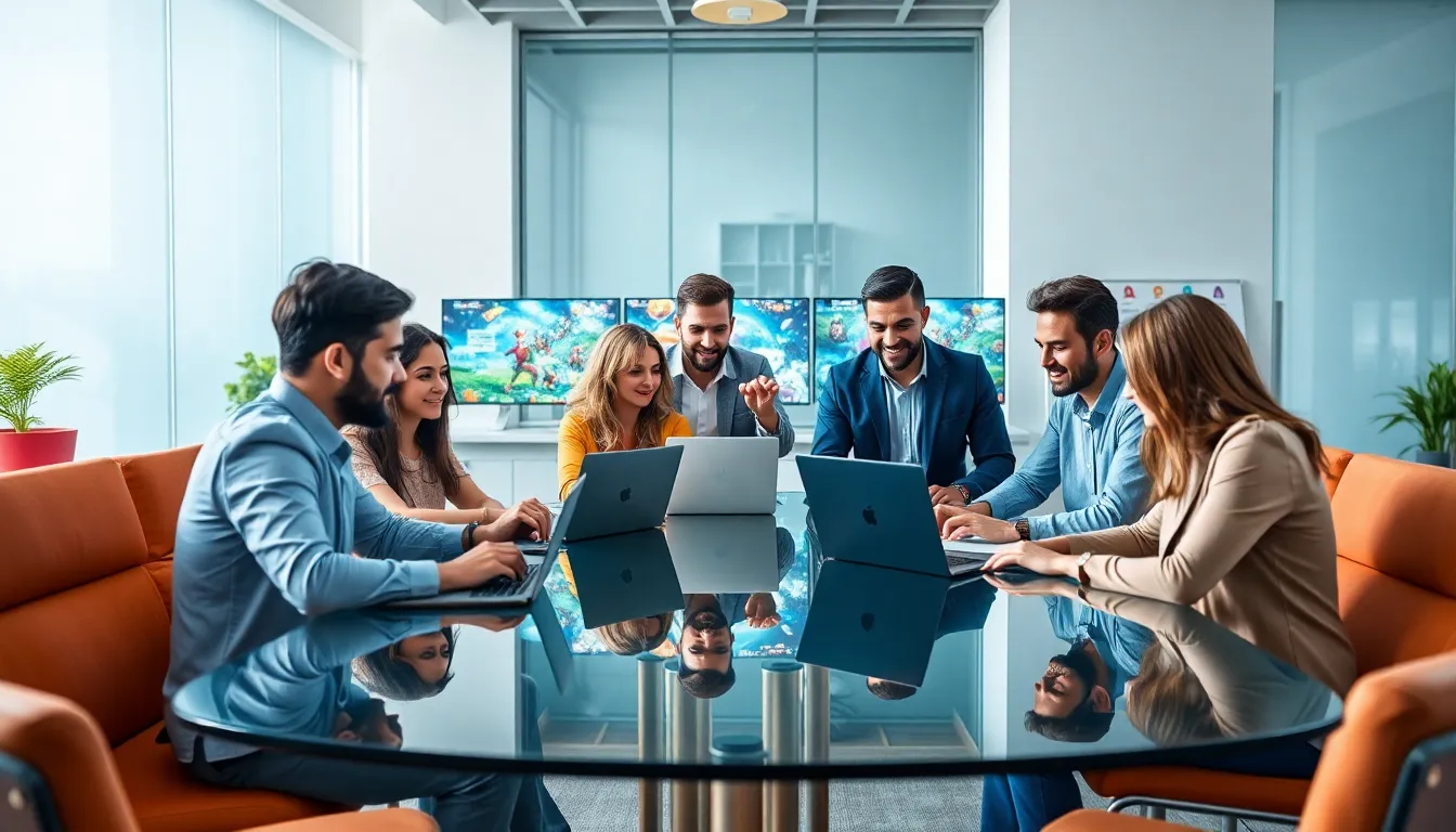 diverse gaming professionals collaborating in a modern office setting.