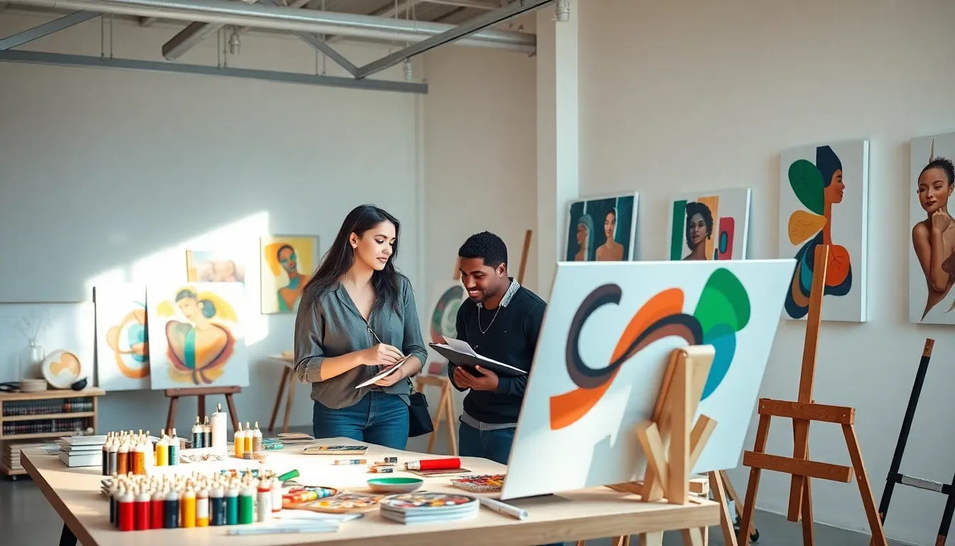 diverse artists collaborating in a bright art studio.