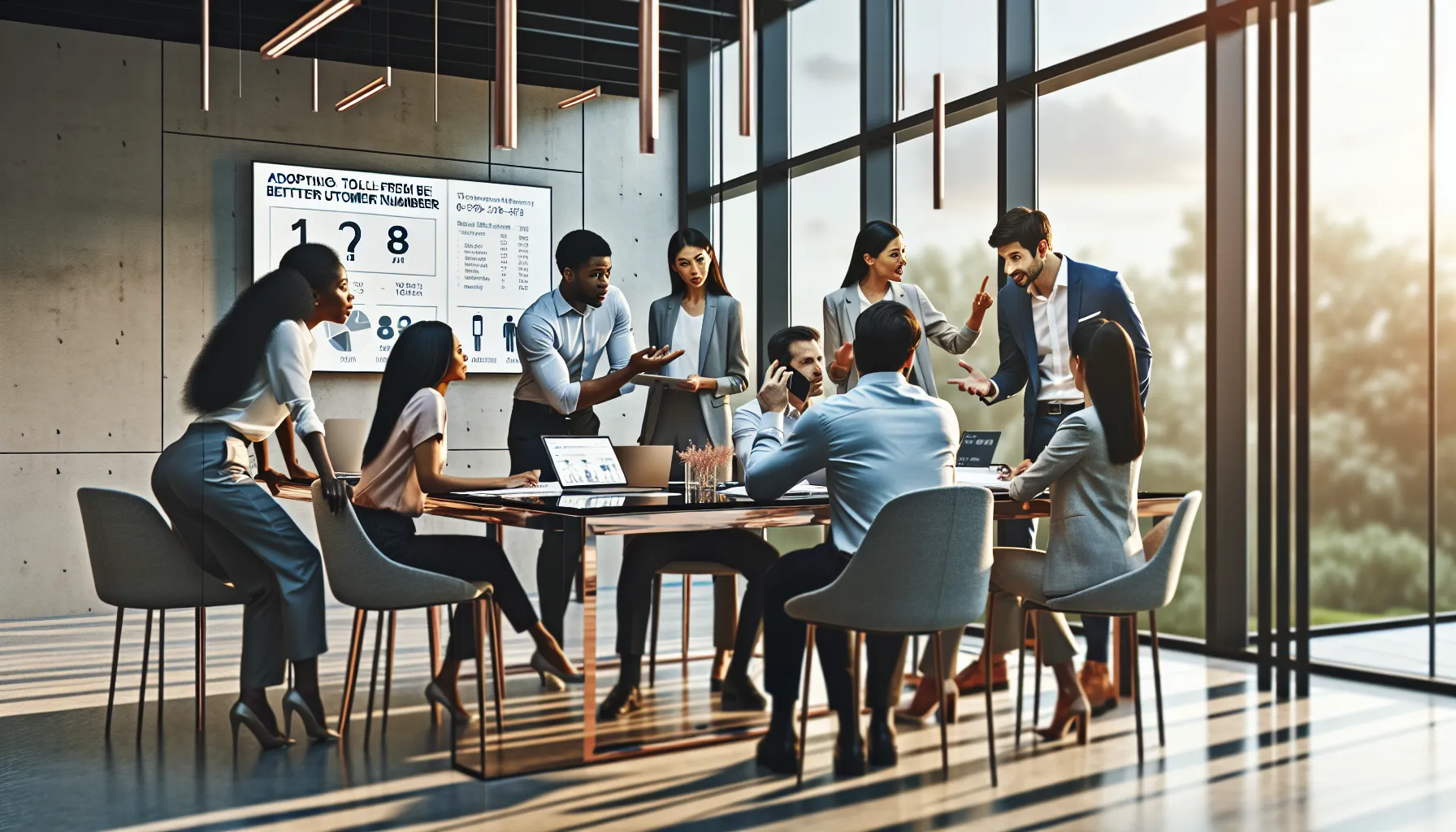 diverse team discussing toll-free number benefits in a modern office.