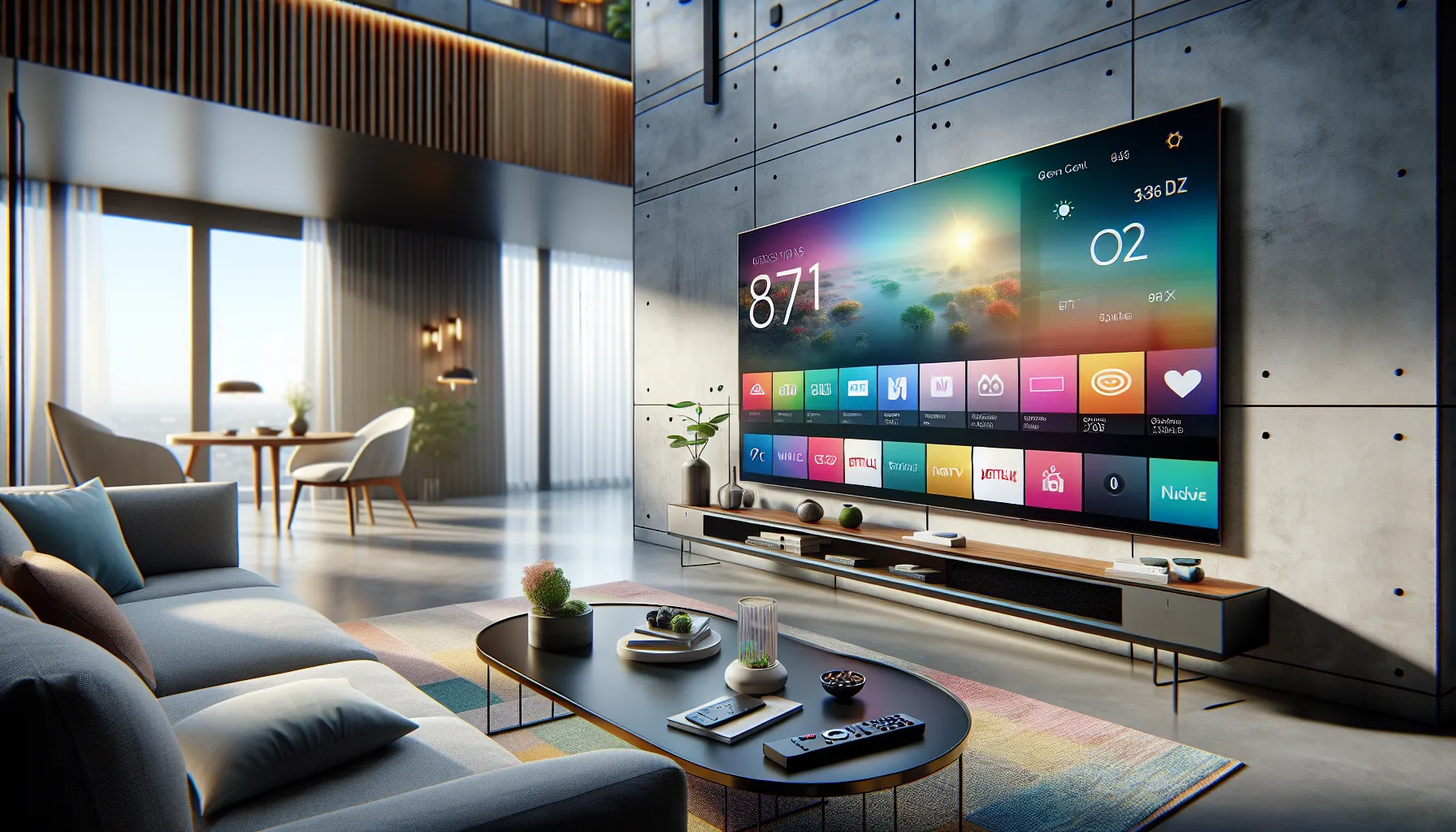 A living room with a modern Smart TV displaying streaming apps.