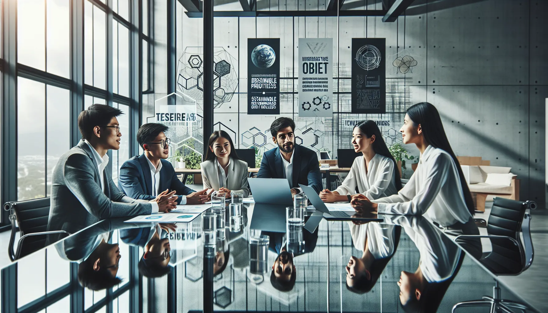 diverse team discussing sustainability in a modern office.