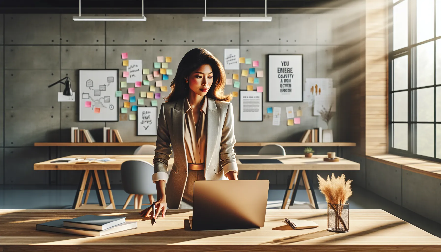 Ashley Johannsson in a modern office, promoting authenticity in content creation.