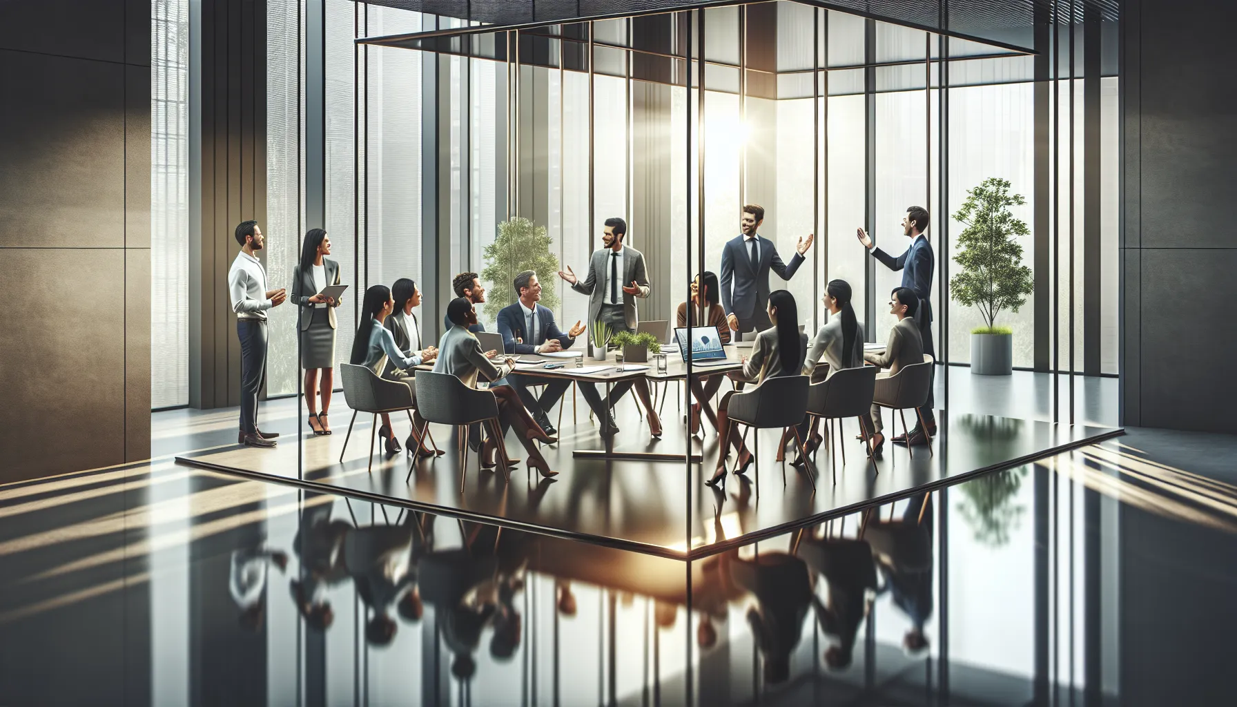 diverse professionals collaborating in a modern office setting.
