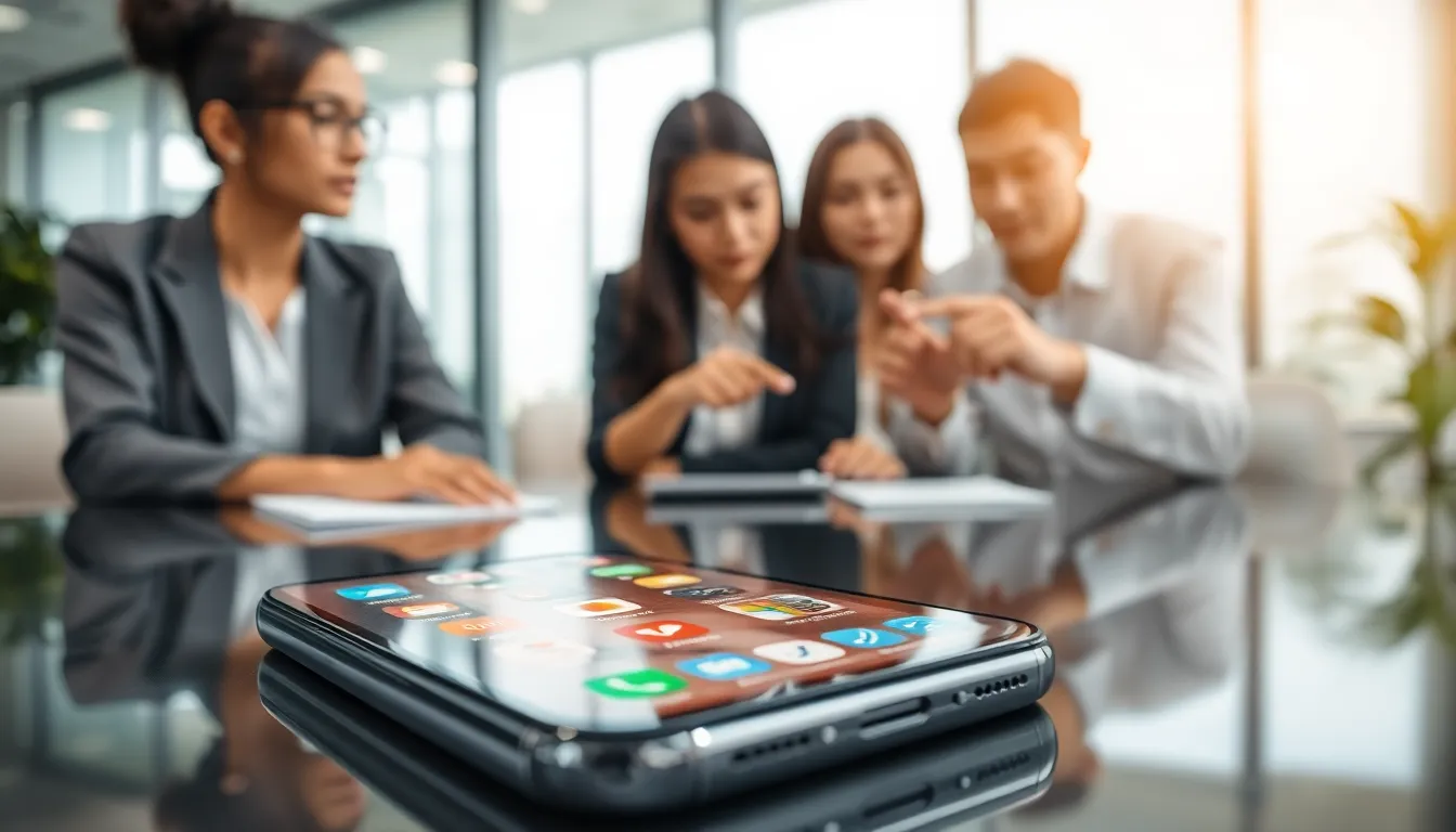 diverse team discussing a missing app issue on an iPhone.