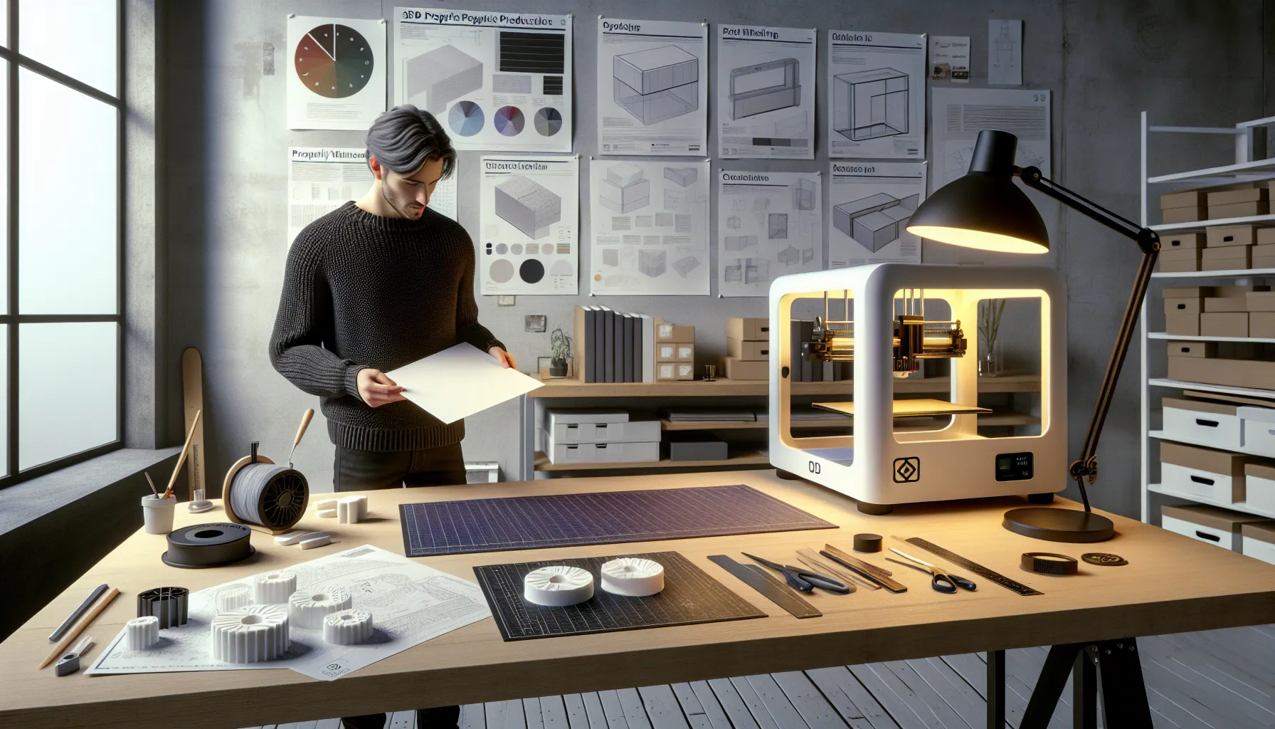 Designer in a norwegian studio holding a 3d-printed packaging mockup.