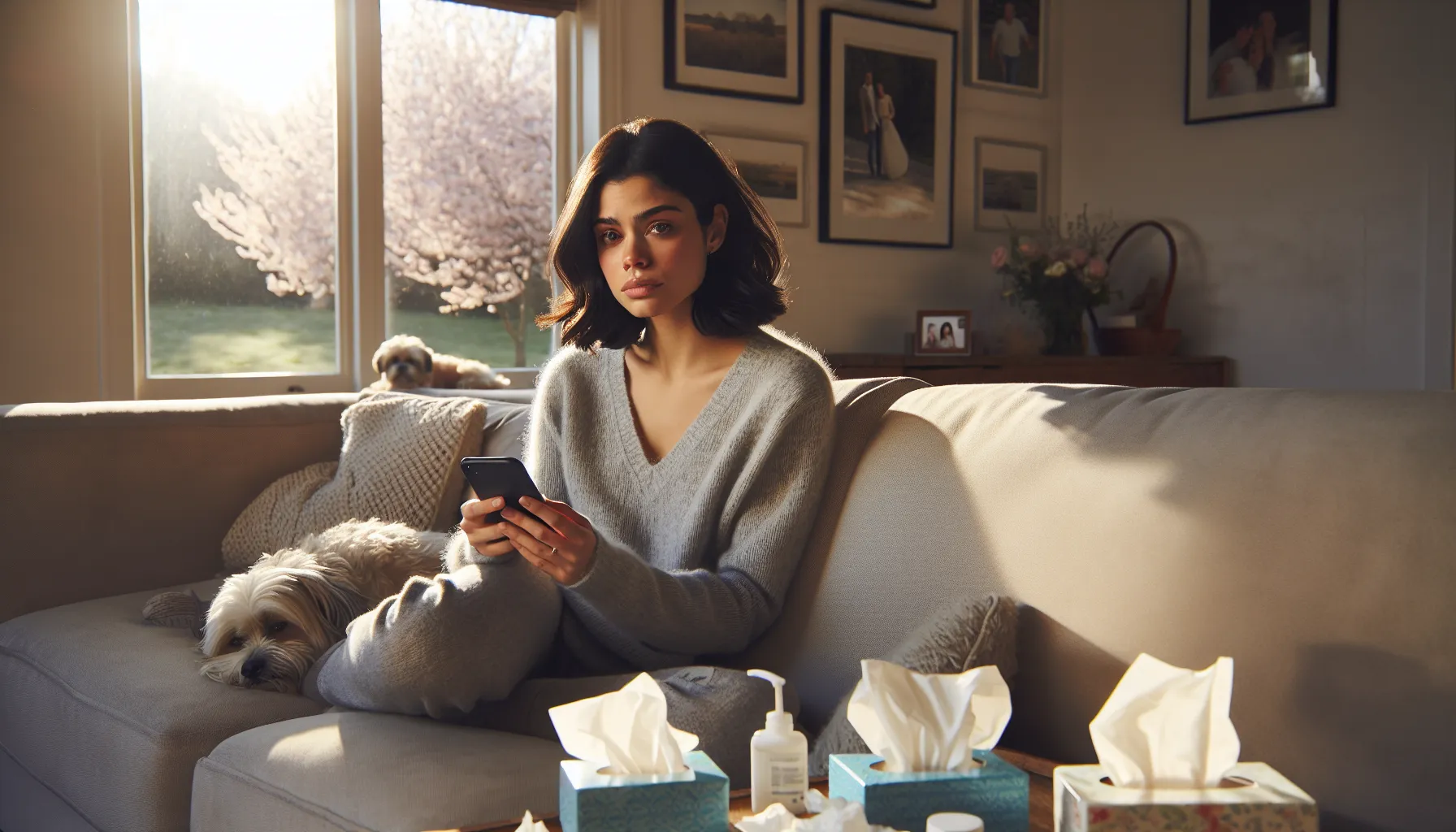 a woman comparing allergy and cold symptoms in a cozy living room.
