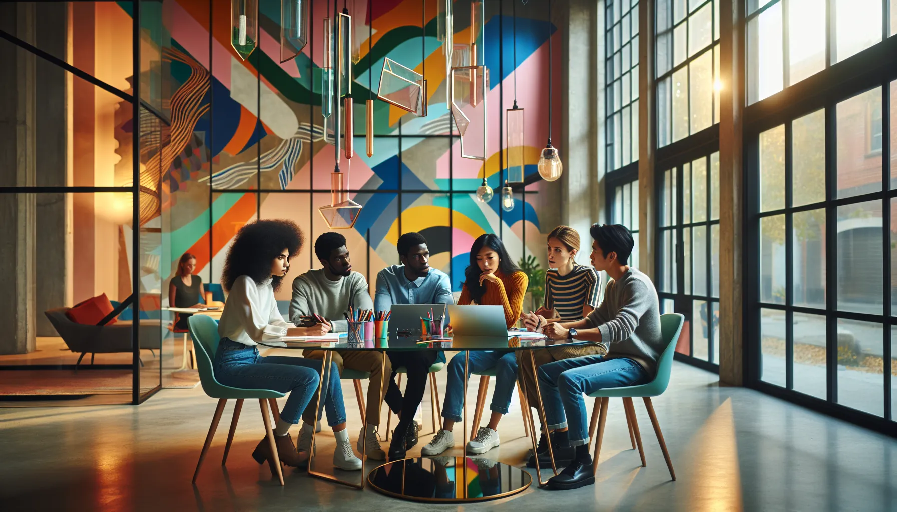 diverse group collaborating in a modern workspace.