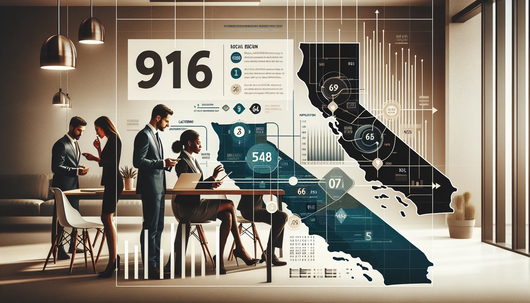 Infographic of the 916 area code with diverse professionals discussing its significance.