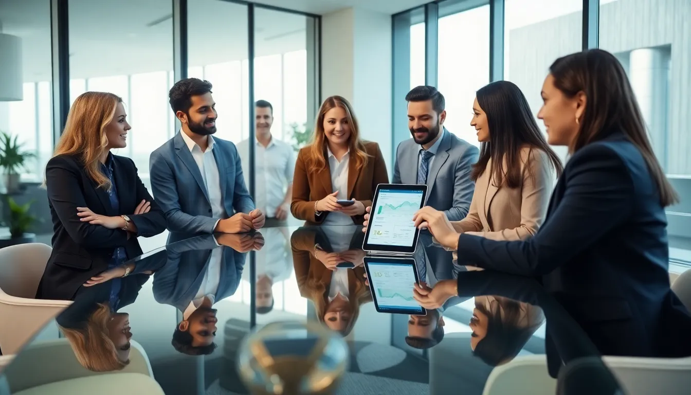 diverse real estate team discussing a mobile app in a modern office.