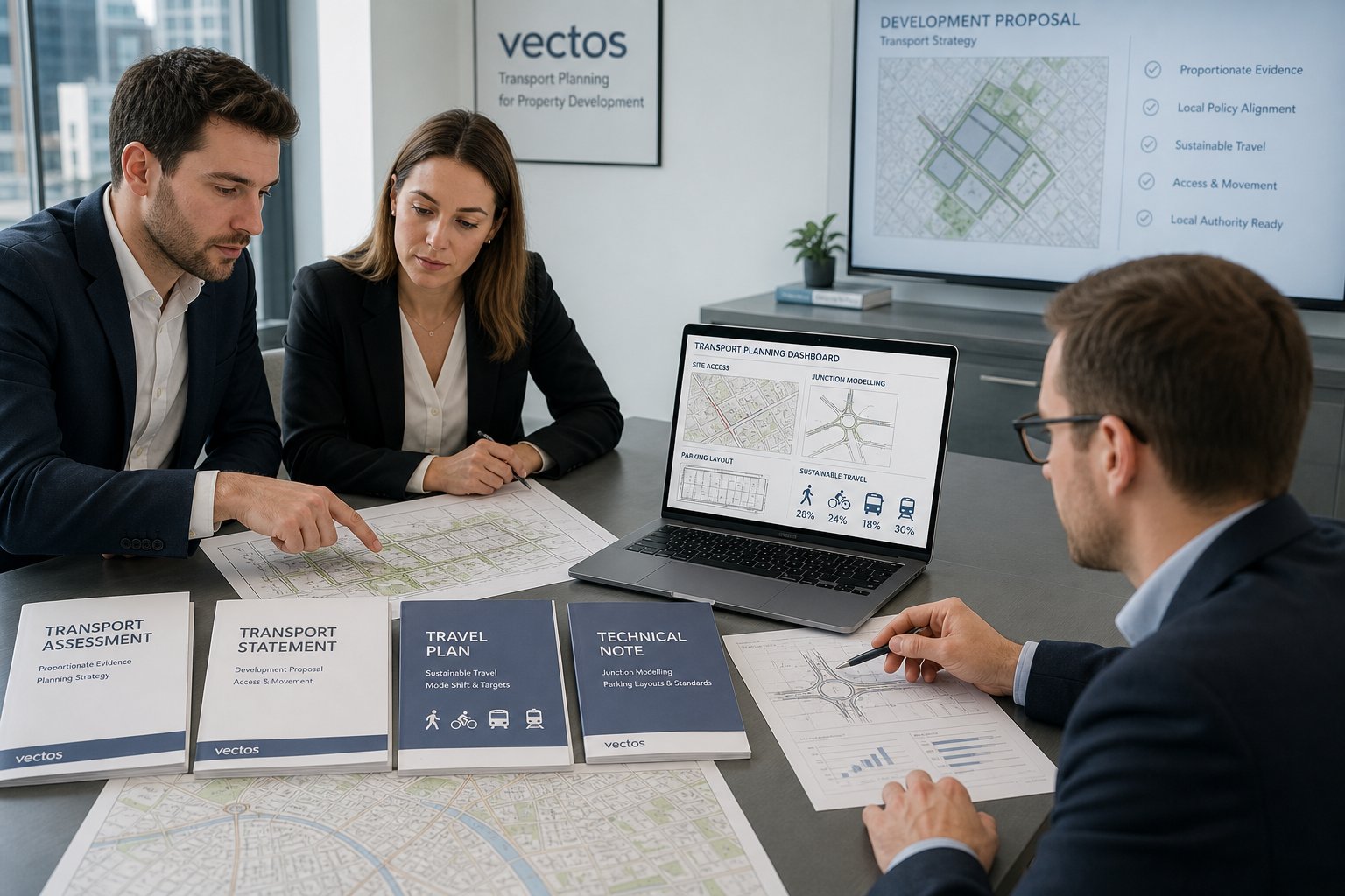 Transport consultants reviewing planning reports for a UK development project.