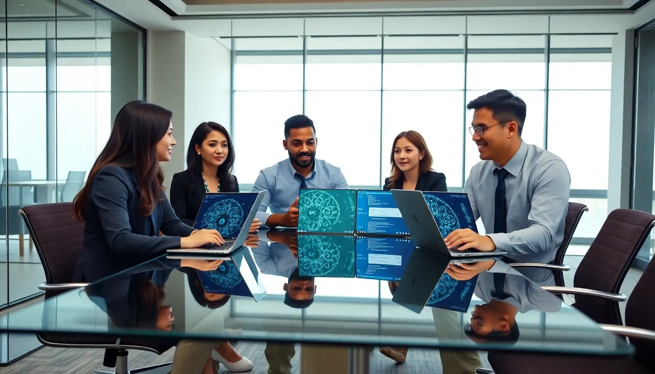 diverse professionals discussing ULDM in a modern office.