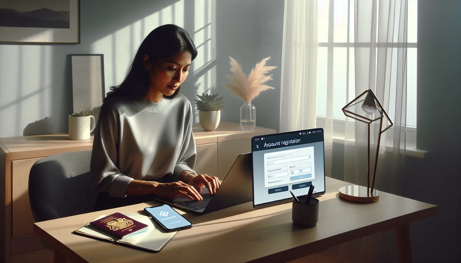 User at laptop completing OrangeX account registration and verification with UK passport.