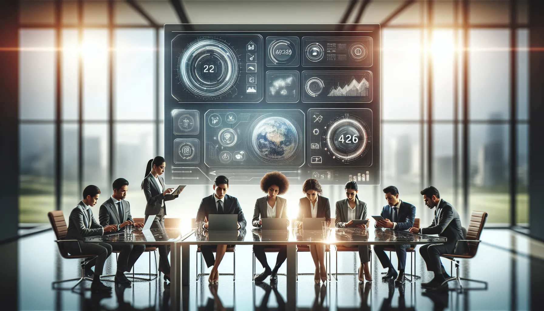 professionals collaborating around a digital interface in a modern office.