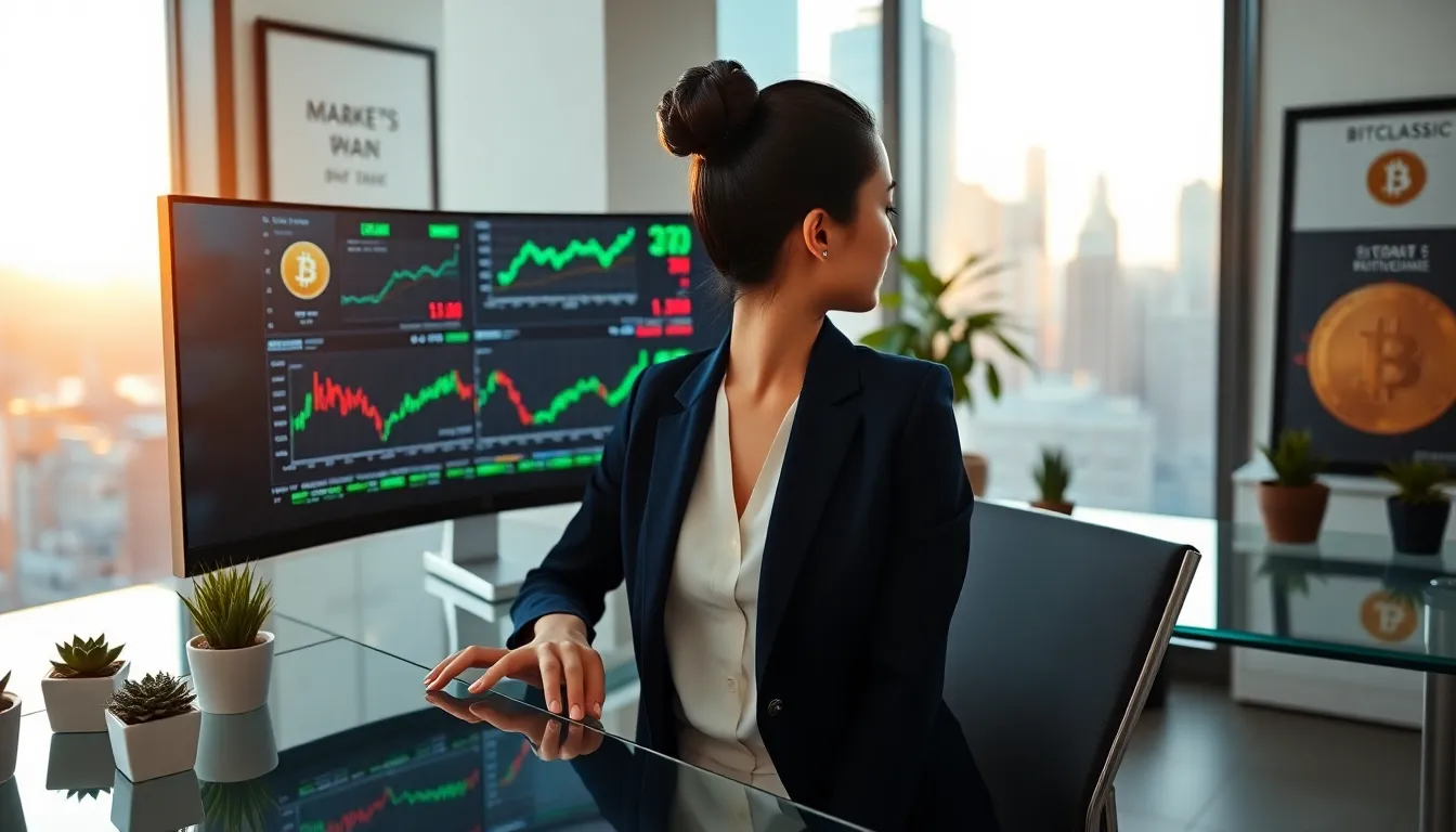 A woman analyzing Bitcoin market data in a modern office.