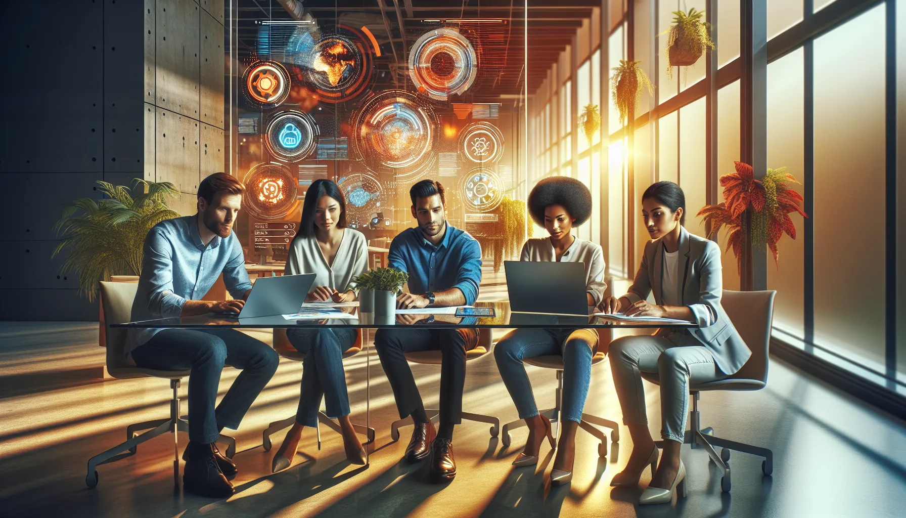 diverse team collaborating on Alena_Wks in a modern office.