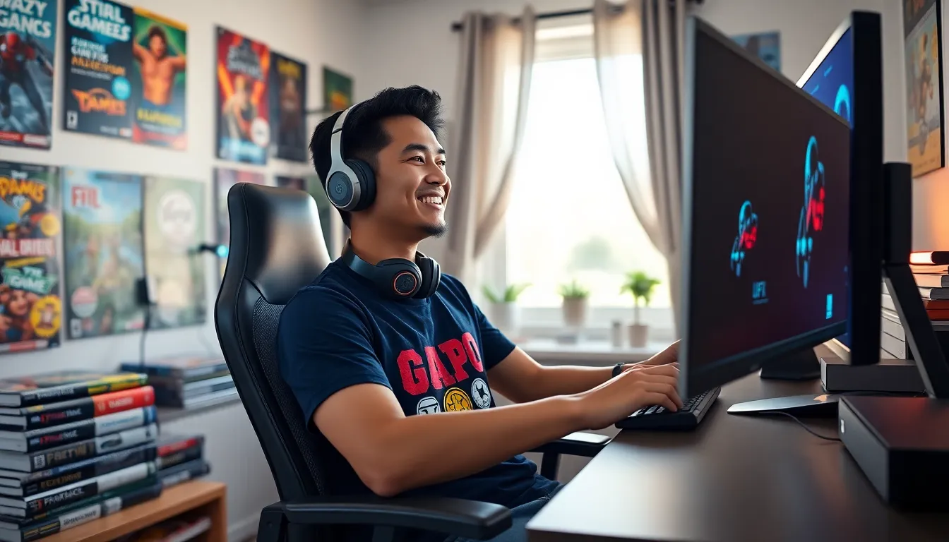 A gamer enjoying a video game in a well-decorated home office.