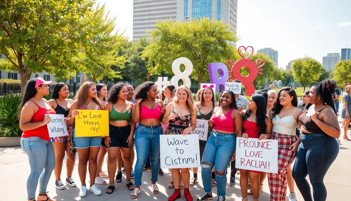 diverse individuals celebrating body positivity in a community gathering.