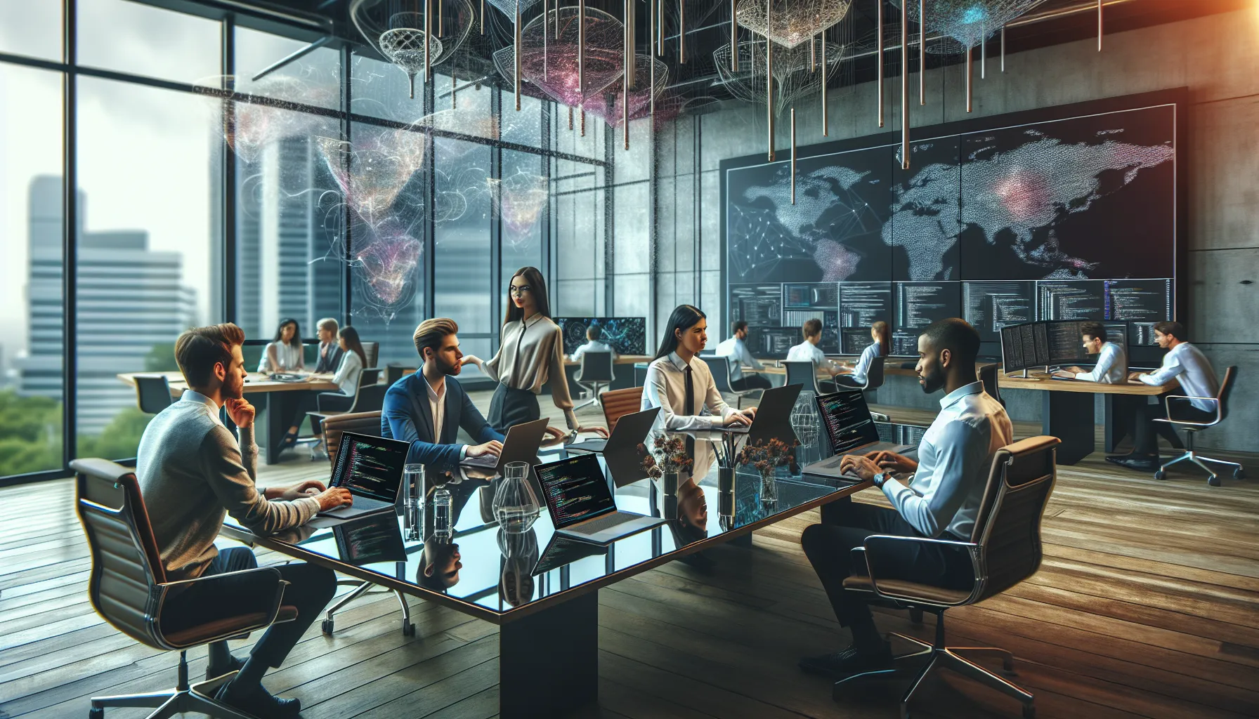 professionals collaborating in a modern office on Python applications.