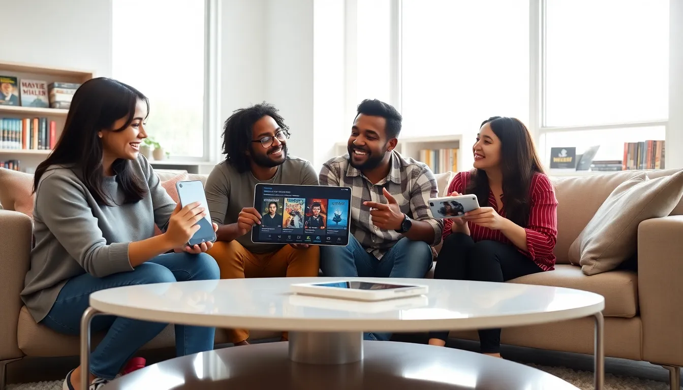 diverse friends discussing movie recommendations in a modern living room.
