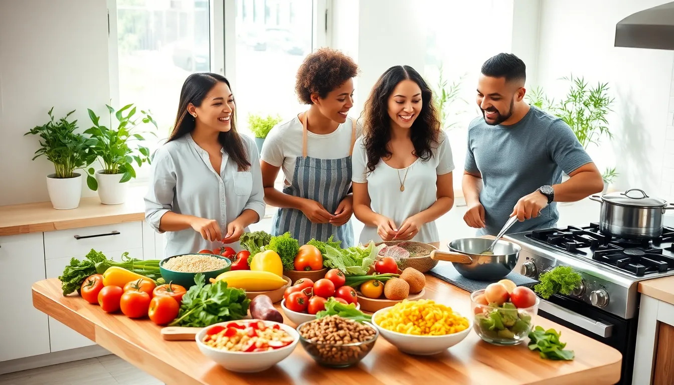 a diverse group cooking vegetarian meals in a modern kitchen.