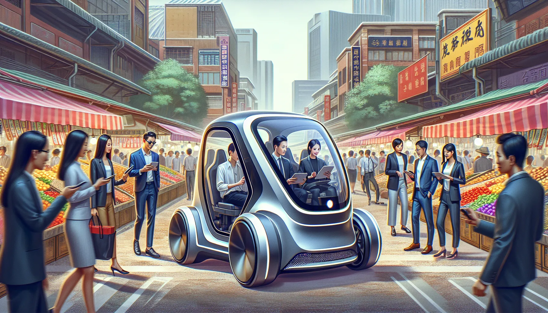 self-driving gharry in a busy urban market with professionals.