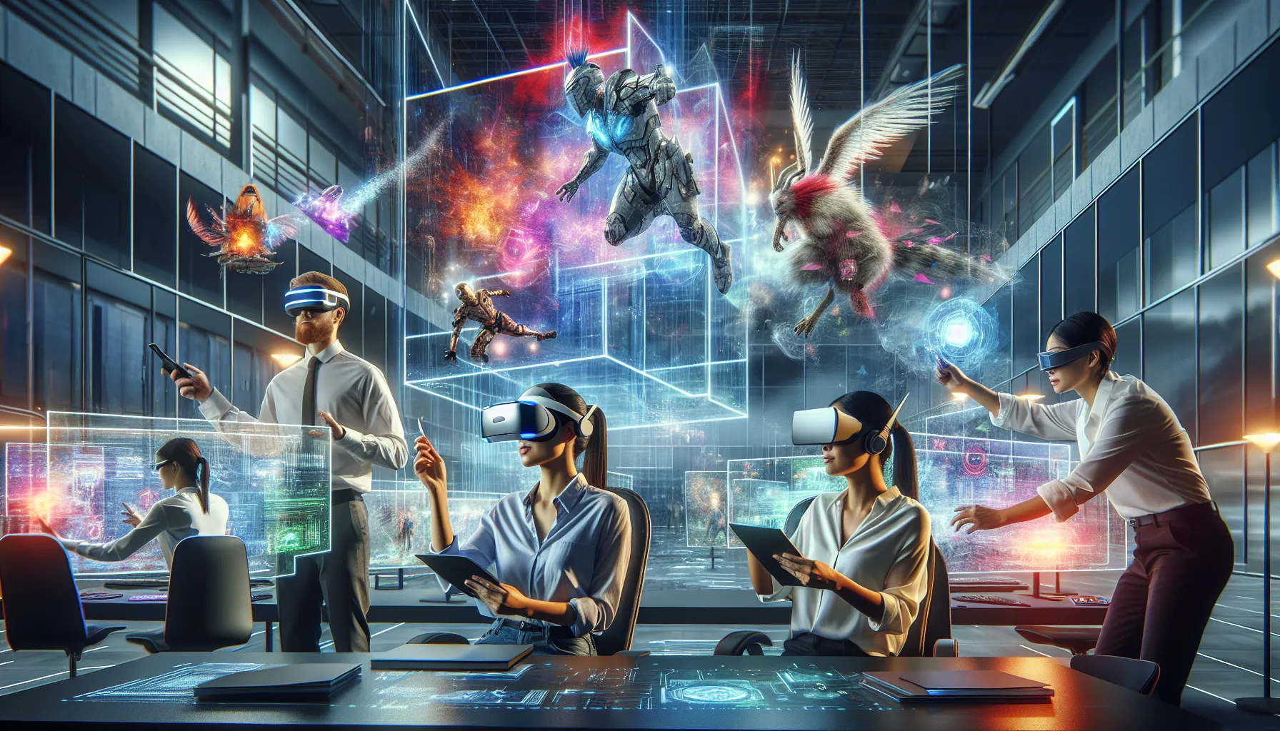 professionals collaborating in a futuristic gaming technology environment.