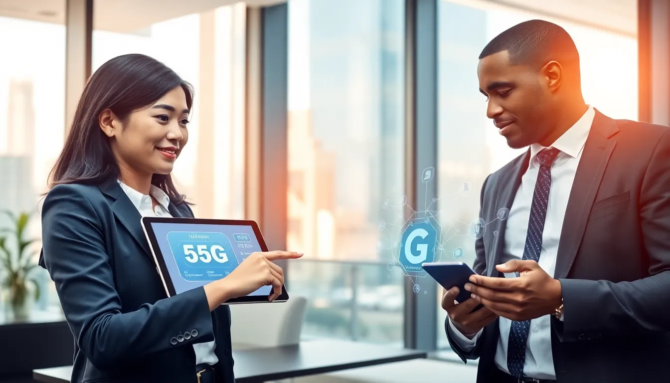 professionals discussing 5G technology in a modern office setting.