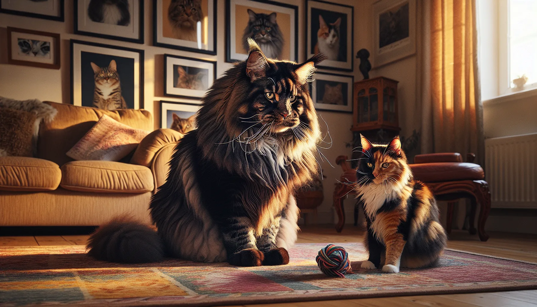 a large male cat and a small female cat playing in a sunny living room.