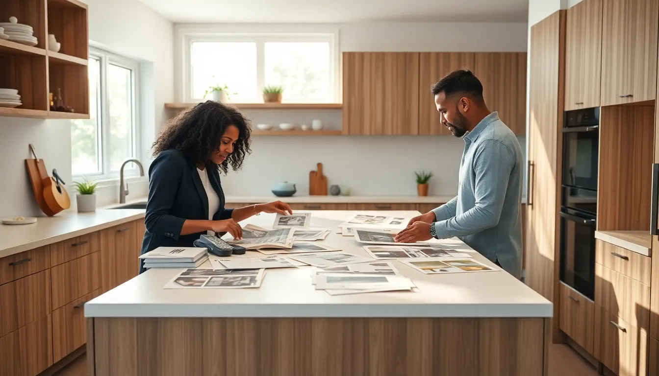 professionals collaborating in a modern kitchen with IKEA cabinets.