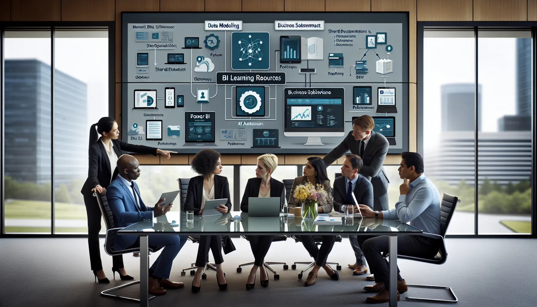 Diverse data team reviewing Power BI books and dashboards in a modern office setting.